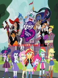 Size: 1125x1500 | Tagged: safe, artist:brerdaniel, derpibooru import, applejack, fluttershy, pinkie pie, rainbow dash, rarity, sci-twi, spike, spike the regular dog, sunset shimmer, twilight sparkle, dog, equestria girls, 101 dalmatians, aladdin, boots, bracelet, captain hook, clothes, cowboy boots, cruella de vil, crystal prep academy uniform, disney, disney villains, doctor facilier, glasses, grimhilde, hades, halloween, havoc, hercules, high heel boots, holiday, humane five, humane seven, humane six, jafar, jewelry, maleficent, mane six, peter pan, poster, scar, school uniform, shoes, skirt, sleeping beauty, snow white and the seven dwarfs, socks, the lion king, the little mermaid, the princess and the frog, ursula