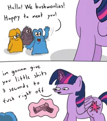 Size: 1280x1440 | Tagged: safe, artist:phat_guy, derpibooru import, chumster, hugster, twilight sparkle, twilight sparkle (alicorn), wishful, alicorn, bushwoolie, pony, 35th anniversary, :t, comic, dialogue, female, fluffy, g1, g1 to g4, g4, generation leap, gun, handgun, levitation, magic, mare, open mouth, pistol, reaction image, simple background, smiling, solo focus, take that, telekinesis, text, threatening, twibitch sparkle, vulgar, wat, waving, weapon, whiskers, white background