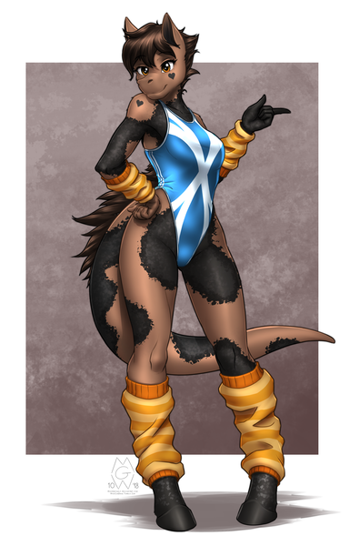 Size: 2426x3791 | Tagged: anthro, anthro oc, armpits, arm warmers, artist:mykegreywolf, clothes, commission, derpibooru import, dinosaur, female, high-cut clothing, hybrid, leg warmers, oc, oc:nessy, one-piece swimsuit, safe, solo, swimsuit, unguligrade anthro, unofficial characters only