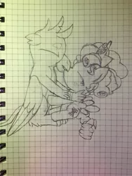 Size: 2448x3264 | Tagged: safe, anonymous artist, derpibooru import, cozy glow, gallus, gryphon, age difference, crack shipping, eyes closed, female, filly, gallozy, graph paper, kissing, male, shipping, sketch, straight, traditional art