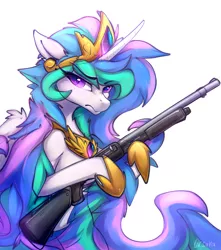 Size: 1550x1750 | Tagged: safe, artist:oksara, derpibooru import, princess celestia, alicorn, pony, bipedal, crown, female, floppy ears, frown, glare, gun, heart, hoof hold, hoof shoes, horn, human shoulders, jewelry, long mane, looking at you, mare, messy mane, neck fluff, peytral, regalia, shotgun, simple background, solo, spread wings, weapon, white background, wing fluff, wingding eyes, wings