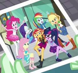 Size: 961x902 | Tagged: safe, derpibooru import, screencap, applejack, fluttershy, pinkie pie, rainbow dash, rarity, sci-twi, sunset shimmer, twilight sparkle, wallflower blush, equestria girls, equestria girls series, forgotten friendship, applejack's hat, boots, clothes, converse, cowboy hat, cropped, denim skirt, dress, eyes closed, feet, female, freckles, geode of empathy, geode of fauna, geode of shielding, geode of sugar bombs, geode of super speed, geode of super strength, geode of telekinesis, glasses, hat, high heel boots, high heels, hoodie, humane five, humane seven, humane six, jacket, legs, magical geodes, pantyhose, photo, ponytail, sandals, shoes, skirt, smiling, sneakers, stetson, yearbook, yearbook photo