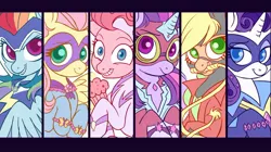 Size: 1280x717 | Tagged: safe, artist:seikushek, derpibooru import, applejack, fili-second, fluttershy, masked matter-horn, mistress marevelous, pinkie pie, radiance, rainbow dash, rarity, saddle rager, twilight sparkle, twilight sparkle (alicorn), zapp, alicorn, earth pony, pegasus, pony, unicorn, power ponies (episode), colored pupils, cupcake, female, food, looking at you, mane six, mare, mouth hold, power ponies, roy lichtenstein, whip