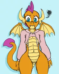 Size: 1221x1512 | Tagged: artist:wootmaster, bottomless, clothes, derpibooru import, dragon, dragoness, female, hoodie, open-chest hoodie, partial nudity, safe, simple background, smolder, solo, wide hips