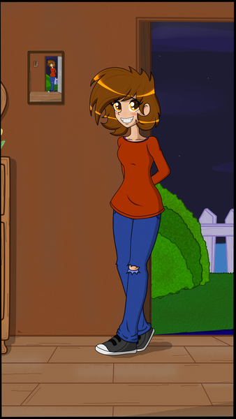 Size: 3174x5640 | Tagged: absurd resolution, braces, clothes, converse, derpibooru import, droste effect, female, house, human, humanized, humanized oc, jeans, oc, oc:venus spring, pants, picture, recursion, safe, shoes, shy, smiling, solo, sweater, unofficial characters only