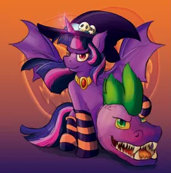 Size: 2339x2371 | Tagged: safe, artist:mandy1412, derpibooru import, spike, twilight sparkle, twilight sparkle (alicorn), alicorn, bat pony, bat pony alicorn, dragon, pony, abstract background, bat ponified, bat wings, clothes, duo, female, halloween, hat, holiday, horn, looking at you, male, mare, older, open mouth, peytral, race swap, red eyes, sitting, smiling, socks, spread wings, striped socks, wings, witch, witch hat