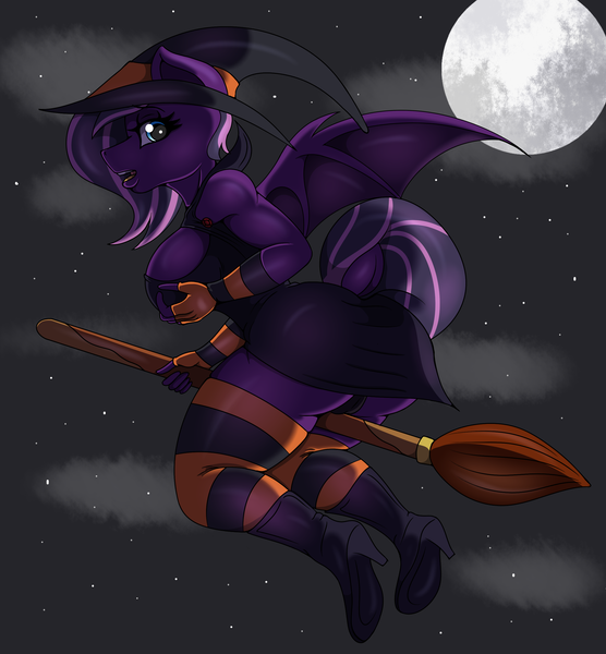 Size: 2500x2700 | Tagged: questionable, artist:renegade-157, derpibooru import, oc, unofficial characters only, anthro, bat pony, anthro oc, bat pony oc, bat wings, black underwear, boots, breasts, broom, cameltoe, cleavage, clothes, commission, female, fingerless gloves, flying, flying broomstick, full moon, gloves, halloween, hat, high heel boots, holiday, miniskirt, moon, night, panties, shoes, skirt, skirt lift, socks, solo, solo female, stars, striped socks, thigh highs, thighs, underwear, upskirt, wings, witch, witch hat, ych result