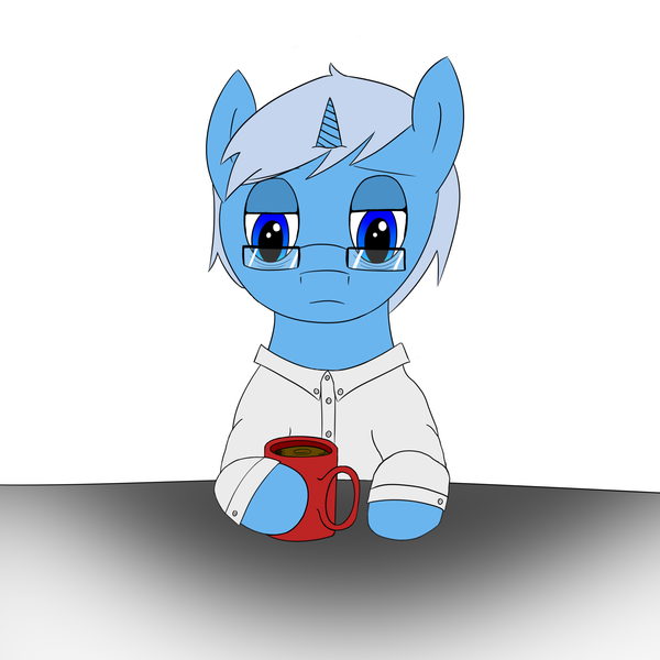 Size: 2500x2500 | Tagged: safe, artist:luxqsd, derpibooru import, oc, oc:algorithm, unofficial characters only, pony, unicorn, clothes, coffee, glasses, sad, simple background, solo, tired