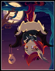 Size: 1600x2048 | Tagged: safe, artist:spookyle, derpibooru import, oc, oc:pumpkin spell, unofficial characters only, bat pony, hippogriff, hybrid, bag, bat pony oc, bat wings, candy bag, fangs, full moon, halloween, hanging, hanging upside down, holiday, moon, nightmare night, prehensile tail, smiling, solo, suspended, tail feathers, tree, tree branch, unshorn fetlocks, upside down, wings