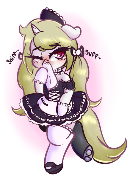 Size: 3474x4769 | Tagged: artist:wickedsilly, blushing, clothes, cute, derpibooru import, female, gloves, handkerchief, hnnng, maid, maid headdress, nose blowing, oc, ocbetes, oc:cherry blossom, safe, semi-anthro, shoes, sick, simple background, socks, solo, tissue, unofficial characters only