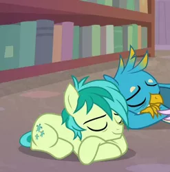 Size: 390x395 | Tagged: safe, derpibooru import, screencap, gallus, sandbar, silverstream, earth pony, gryphon, pony, what lies beneath, bookshelf, cropped, cute, cutie mark, duo, eyes closed, gallabetes, implied silverstream, male, sandabetes, sleeping, smiling, teenager