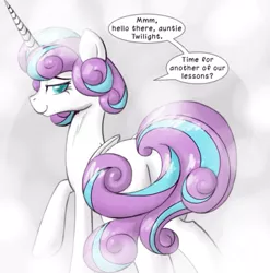 Size: 571x578 | Tagged: suggestive, artist:deusexequus, derpibooru import, princess flurry heart, alicorn, pony, ask the princess of friendship with benefits, ask, bedroom eyes, cropped, dialogue, female, implied incest, implied lesbian, implied sex, implied shipping, implied twicest, implied twilight sparkle, looking at you, looking back, looking back at you, mare, older, older flurry heart, raised hoof, solo, solo female, speech bubble, steam, tumblr