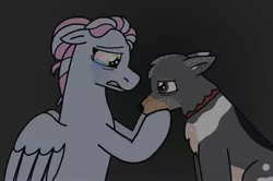 Size: 1990x1319 | Tagged: safe, artist:kindheart525, derpibooru import, oc, oc:rocco, oc:turquoise edge, unofficial characters only, dog, pegasus, pony, kindverse, crying, looking at each other, offspring, parent:limestone pie, parent:zephyr breeze, parents:zephyrstone, pet oc, sad