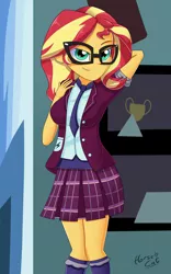 Size: 2500x4000 | Tagged: safe, artist:horsecat, derpibooru import, sunset shimmer, equestria girls, arm behind head, bedroom eyes, big breasts, blazer, breasts, busty sunset shimmer, clothes, commission, crystal prep academy uniform, female, glasses, looking at you, necktie, open clothes, plaid skirt, pose, rolled up sleeves, school uniform, shirt, skirt, smiling, socks, solo, standing, uniform