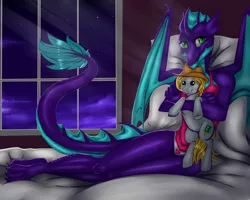 Size: 5000x4000 | Tagged: safe, artist:athenawhite, derpibooru import, oc, oc:hickory switch, oc:snake, anthro, dragon, earth pony, anthro oc, bed, bedroom, clothes, cloud, commission, detailed background, dragoness, female, hat, night, panties, pillow, plushie, shipping, spread wings, tanktop, underwear, window, wings, ych result