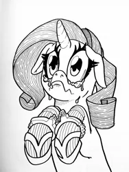 Size: 960x1280 | Tagged: safe, artist:docwario, derpibooru import, rarity, pony, unicorn, black and white, crying, cuffs, floppy ears, grayscale, hand cuffs, handcuffed, ink drawing, monochrome, raritober, solo, traditional art