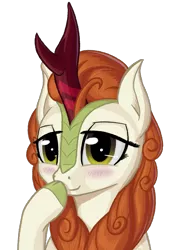 Size: 2351x3325 | Tagged: artist:koshakevich, autumn blaze, awwtumn blaze, blushing, boop, cute, derpibooru import, female, kirin, lidded eyes, looking at you, safe, self-boop, simple background, smiling, solo, sounds of silence, transparent background