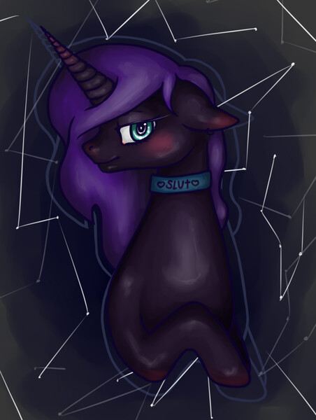 Size: 1051x1394 | Tagged: alicorn, artist:juls, blushing, choker, derpibooru import, doppleganger, looking at you, oc, oc:cognitio dissonantia, safe, solo, unofficial characters only