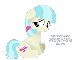 Size: 2500x2000 | Tagged: artist:sugarstraw, coco pommel, derpibooru import, female, filly, floppy ears, lineless, looking back, sad, safe, simple background, solo, talking, text, transparent background