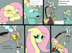 Size: 1024x765 | Tagged: safe, artist:didgereethebrony, derpibooru import, discord, fluttershy, zephyr breeze, draconequus, pony, comic:wreck of the renaissance, comforting, crying, tears of pain, teary eyes