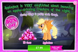 Size: 796x528 | Tagged: safe, derpibooru import, official, applejack, bat pony, pony, night of the living apples, spoiler:comic, spoiler:comic33, advertisement, applebat, bat ponified, blonde, braid, braided tail, costs real money, female, gameloft, gem, hatless, mare, missing accessory, race swap, sale
