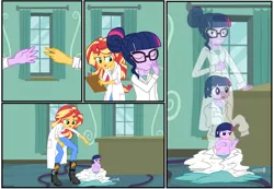 Size: 3500x2426 | Tagged: safe, artist:gamerpen, derpibooru import, sci-twi, sunset shimmer, twilight sparkle, equestria girls, age regression, baby, clothes, comic, lab coat, what has science done