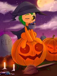 Size: 3000x4000 | Tagged: safe, artist:pesty_skillengton, derpibooru import, oc, pony, broom, candle, candy, cape, clothes, commission, cute, food, halloween, hat, holiday, jack-o-lantern, lollipop, milka, moon, one eye closed, pumpkin, sky, snickers, solo, sweets, tombstones, wink, witch, witch hat, ych result