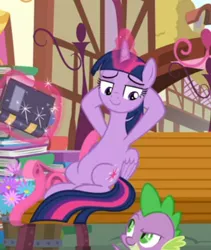 Size: 401x476 | Tagged: safe, derpibooru import, screencap, spike, twilight sparkle, twilight sparkle (alicorn), alicorn, dragon, pony, yakity-sax, bench, book, cropped, female, glowing horn, hooves behind head, horn, levitation, lidded eyes, looking at each other, magic, magic aura, male, ponyville, raised eyebrow, reclining, relaxing, sitting, smiling, smirk, solo focus, telekinesis, winged spike