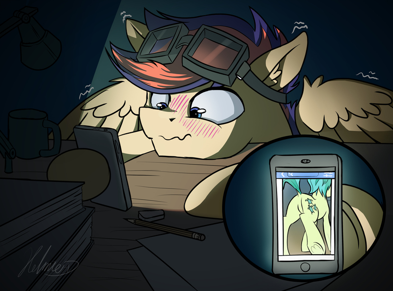 Size: 4563x3376 | Tagged: suggestive, artist:helmie-art, derpibooru import, sandbar, oc, oc:zephyr leaf, earth pony, pegasus, pony, aviator goggles, blushing, book, butt, buttcheeks, commission, cup, cutie mark, desk, desk lamp, eraser, goggles, male, mobile phone, mug, paper, pencil, phone, phone screen, plot, presenting, raised tail, smartphone, spread wings, table, tail, trembling, underhoof, wingboner, wings, ych result