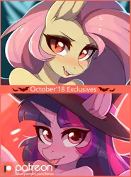 Size: 2082x2809 | Tagged: suggestive, artist:fensu-san, derpibooru import, fluttershy, twilight sparkle, twilight sparkle (alicorn), alicorn, anthro, bat pony, vampire, advertisement, bat ponified, fangs, female, flutterbat, halloween, holiday, image, patreon, patreon logo, patreon preview, paywall content, png, race swap, solo, witch