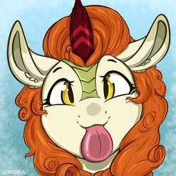 Size: 1000x1000 | Tagged: safe, artist:auro-ria, deleted from derpibooru, derpibooru import, autumn blaze, kirin, sounds of silence, :3, :p, abstract background, awwtumn blaze, bust, chest fluff, cross-eyed, cute, ear fluff, female, happy, kirinbetes, licking, looking at you, mlem, silly, simple background, smiling, solo, tongue out