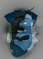 Size: 1745x2361 | Tagged: suggestive, artist:groomlake, derpibooru import, queen chrysalis, trixie, changeling, changeling queen, pony, unicorn, aftercare, bed, colored, cute, cutealis, eyes closed, female, hug, lesbian, mare, pillow, shipping, simple background, sleeping, spank mark, trixalis, voice actor joke