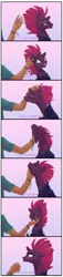 Size: 441x1920 | Tagged: safe, artist:candasaurus, derpibooru import, tempest shadow, human, pony, unicorn, behaving like a cat, blushing, broken horn, chin scratch, comic, commission, cute, daaaaaaaaaaaw, eyes closed, female, floppy ears, horn, mare, petting, tempestbetes