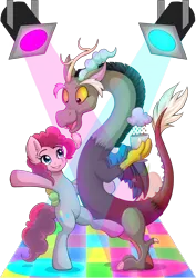 Size: 1024x1448 | Tagged: safe, artist:nana-yuka, derpibooru import, discord, pinkie pie, draconequus, earth pony, pony, female, looking at each other, male, mare, simple background, transparent background