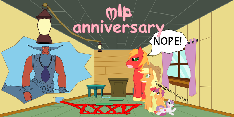 Size: 1972x985 | Tagged: 35th anniversary, apple bloom, applejack, artist:planetkiller, big macintosh, broken jar, broken wall, clubhouse, crossover, crusaders clubhouse, derpibooru import, food, happy birthday mlp:fim, jam, lamp, lord tirek, pacifier, podium, safe, scared, scootaloo, sweetie belle, table, text, the simpsons, treehouse of horror, window