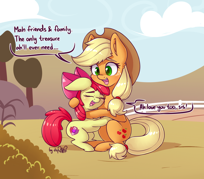 Size: 2162x1906 | Tagged: safe, artist:dsp2003, derpibooru import, apple bloom, applejack, earth pony, pony, 30 minute art challenge, accent, adorabloom, applebetes, blushing, cloud, comic, cowboy hat, cute, cutie mark, daaaaaaaaaaaw, day, dsp2003 is trying to murder us, duo, duo female, ear fluff, eyes closed, female, filly, floppy ears, foal, hat, hooves, hug, jackabetes, mare, open mouth, siblings, signature, single panel, sisterly love, sisters, speech bubble, sweet apple acres, teeth, tree, wholesome