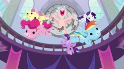 Size: 1280x720 | Tagged: safe, derpibooru import, screencap, applejack, cozy glow, fluttershy, pinkie pie, rainbow dash, rarity, twilight sparkle, twilight sparkle (alicorn), alicorn, pegasus, pony, school raze, female, filly, puppet