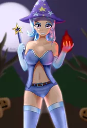 Size: 1360x2000 | Tagged: alternate version, artist:focusb, breasts, busty trixie, clothes, derpibooru import, evening gloves, female, fire, full moon, gloves, halloween, hat, holiday, human, humanized, jack-o-lantern, long gloves, looking at you, moon, pumpkin, socks, solo, spell, stockings, suggestive, thigh highs, trixie, trixie's hat, wand