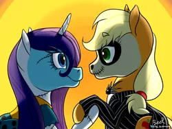 Size: 4800x3600 | Tagged: safe, artist:thebeckmanator, derpibooru import, applejack, rarity, earth pony, pony, unicorn, applejack skellington, clothes, crossover, cute, face paint, female, jack skellington, jackabetes, lesbian, looking at each other, makeup, raribetes, rarijack, sally, shipping, the nightmare before christmas, tim burton