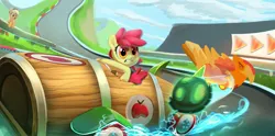 Size: 1828x906 | Tagged: safe, artist:imalou, derpibooru import, apple bloom, applejack, earth pony, pony, the cart before the ponies, bow, cowboy hat, derby racers, drifting, driving, female, filly, hair bow, hat, mare, mario kart, race, race track, siblings, sisters, solo focus