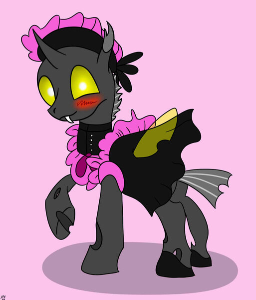 Size: 1024x1198 | Tagged: artist:atomfliege, changeling, clothes, crossdressing, derpibooru import, maid, male, oc, oc:warplix, safe, solo, unofficial characters only, yellow changeling