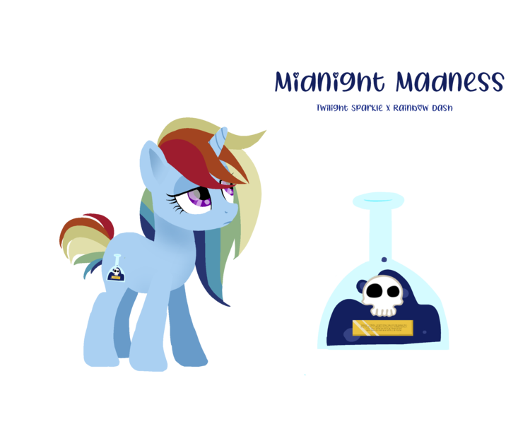 Size: 2500x2000 | Tagged: safe, artist:sugarstraw, derpibooru import, oc, oc:midnight madness, unofficial characters only, pony, unicorn, cutie mark, female, hooves, horn, lineless, magical lesbian spawn, mare, multicolored hair, next generation, offspring, parent:rainbow dash, parent:twilight sparkle, parents:twidash, poison, potion, rainbow hair, reference sheet, simple background, skull, solo, text, transparent background