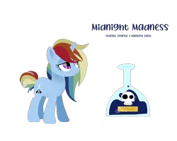 Size: 2500x2000 | Tagged: safe, artist:sugarstraw, derpibooru import, oc, oc:midnight madness, unofficial characters only, pony, unicorn, cutie mark, female, hooves, horn, lineless, magical lesbian spawn, mare, multicolored hair, next generation, offspring, parent:rainbow dash, parent:twilight sparkle, parents:twidash, poison, potion, rainbow hair, reference sheet, simple background, skull, solo, text, transparent background
