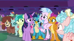 Size: 1280x720 | Tagged: safe, derpibooru import, screencap, cozy glow, gallus, ocellus, pinkie pie, rainbow dash, sandbar, silverstream, smolder, twilight sparkle, twilight sparkle (alicorn), yona, alicorn, changedling, changeling, classical hippogriff, dragon, earth pony, gryphon, hippogriff, pegasus, pony, yak, school raze, bow, claws, cute, cutie mark, dragoness, female, filly, gallabetes, hair bow, jewelry, male, mare, monkey swings, necklace, raised eyebrow, smiling, smirk, student six, teenager, wings