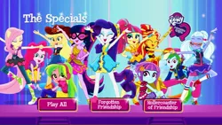 Size: 1022x577 | Tagged: safe, derpibooru import, official, applejack, fluttershy, lemon zest, pinkie pie, rainbow dash, rarity, sci-twi, sour sweet, sugarcoat, sunny flare, sunset shimmer, twilight sparkle, dance magic, equestria girls, equestria girls series, forgotten friendship, rollercoaster of friendship, spoiler:eqg specials, clothes, converse, dvd, epic fail, equestria girls logo, error, fail, hasbro why, humane five, humane seven, humane six, menu screen, mistakes were made, ponytail, scitwilicorn, shoes, united kingdom, you had one job