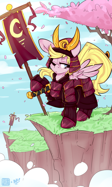 Size: 3000x5000 | Tagged: safe, artist:bbsartboutique, artist:ruef, derpibooru import, oc, oc:lucky doo, unofficial characters only, pegasus, pony, armor, banner, cloud, katana, mountain, samurai, solo, sword, weapon