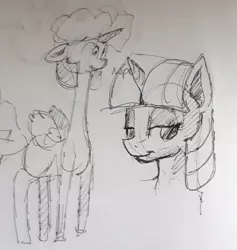 Size: 773x816 | Tagged: safe, artist:post-it, derpibooru import, twilight sparkle, twilight sparkle (alicorn), alicorn, pony, unicorn, bust, duo, engineer, exploitable meme, female, floppy ears, ink drawing, inktober, long neck, looking at you, mare, meme, monochrome, nope, nope.avi, simple background, sketch, smiling, team fortress 2, traditional art, white background