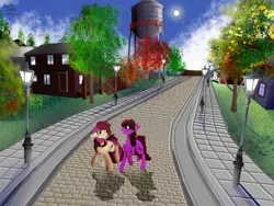 Size: 1600x1200 | Tagged: safe, artist:brainiac, derpibooru import, berry punch, berryshine, roseluck, pony, fallout equestria, advertisement, pet play, pony pet, rosepet, scenery, second life, town