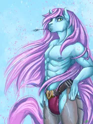 Size: 720x960 | Tagged: abs, anthro, anthro oc, artist:bluekite-falls, artist:sky-railroad, assless chaps, derpibooru import, long hair, male, oc, oc:bubblegun, solo, solo male, straw in mouth, suggestive, unofficial characters only