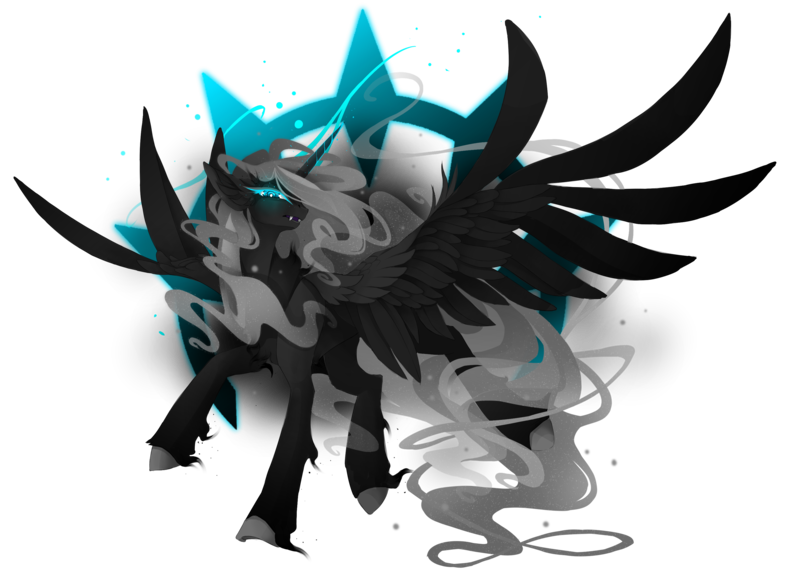 Size: 3216x2364 | Tagged: safe, artist:taiga-blackfield, derpibooru import, oc, oc:malice, unofficial characters only, alicorn, pony, alicorn oc, blue eyes, evil, horn, simple background, smoke, solo, spread wings, transparent background, wings